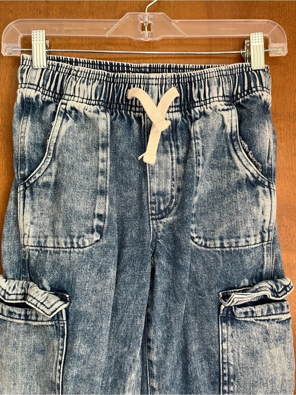 Girls Blue Acid-Wash Cargo Pull on Pants